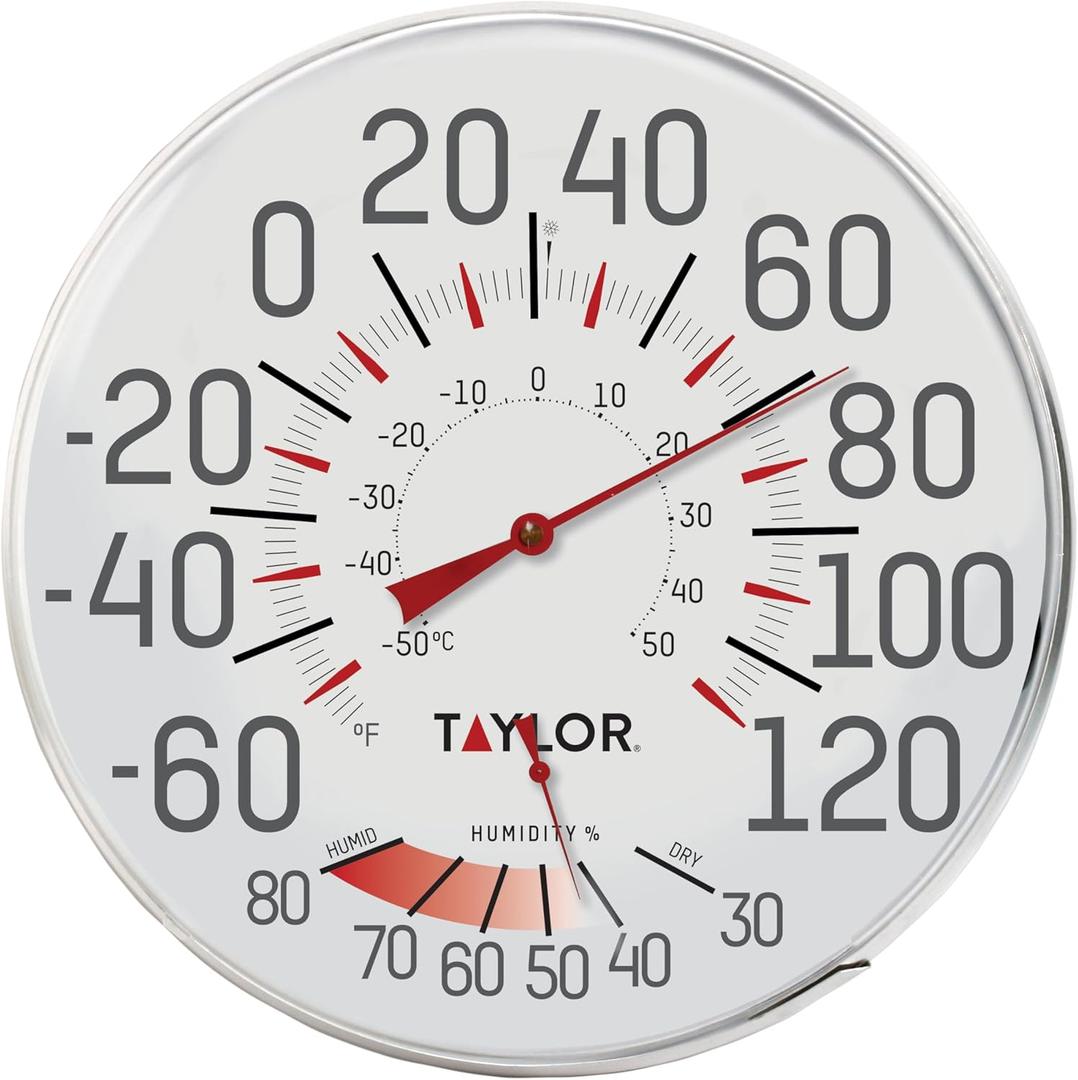 Taylor Metal Wall Indoor Outdoor Thermometer and Hygrometer, Easy to Read Numbers for Patio, Pool, and Indoor Areas, 12 inch, White