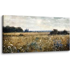 crmotu Landscape Wall Art, Nature Wall Art, Large Wall Decor, Meadow with Wildflowers Art Prints, Country Field Canvas Pictures for Living Room Bedroom Kitchen Modern Farmhouse 20"X40"