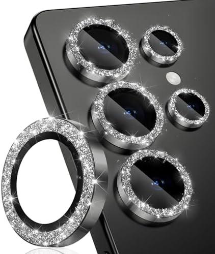 CloudValley for Samsung Galaxy S25 Ultra Camera Lens Protector Bling, 9H Tempered Glass + Aluminum Alloy Lens Protective Ring [Glitter Decoration] Ultra-HD Tempered Glass Cover,Glitter Titanium Black