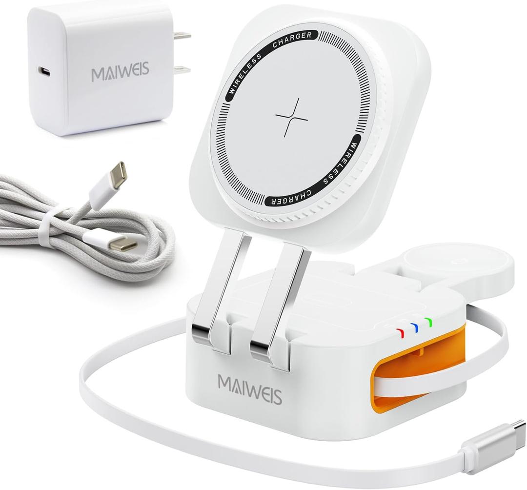 Retractable Cable Charger, 3 in 1 Foldable Magnetic Wireless Charging Station for iPhone 17/16/15/14, Apple Watch Ultra/SE, AirPods Pro (White)