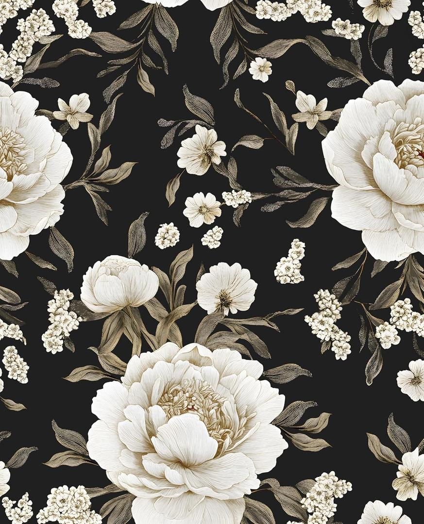 Boho Wallpaper Peel and Stick Dark Floral Wallpaper for Cabinet 17.5in x118in Vintage Contact Paper Waterproof Self Adhesive Modern Flowers Leaf Wall Paper for Room Walls Bathroom Decor (Black,Golden)