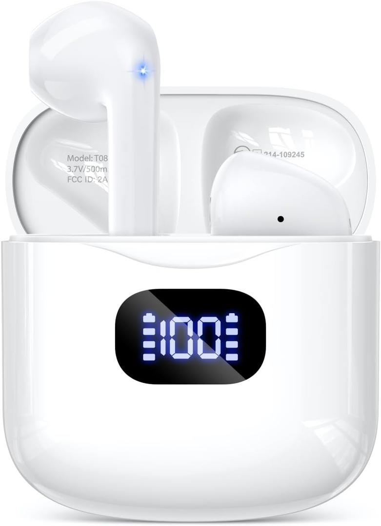 Wireless Earbuds Bluetooth 5.3 Headphones, 40Hrs Playback Stereo Ear Buds with LED Display Charging Case IPX7 Waterproof in-Ear Earphones with Mic for Phone Tablet Laptop Sports, White (A-White)