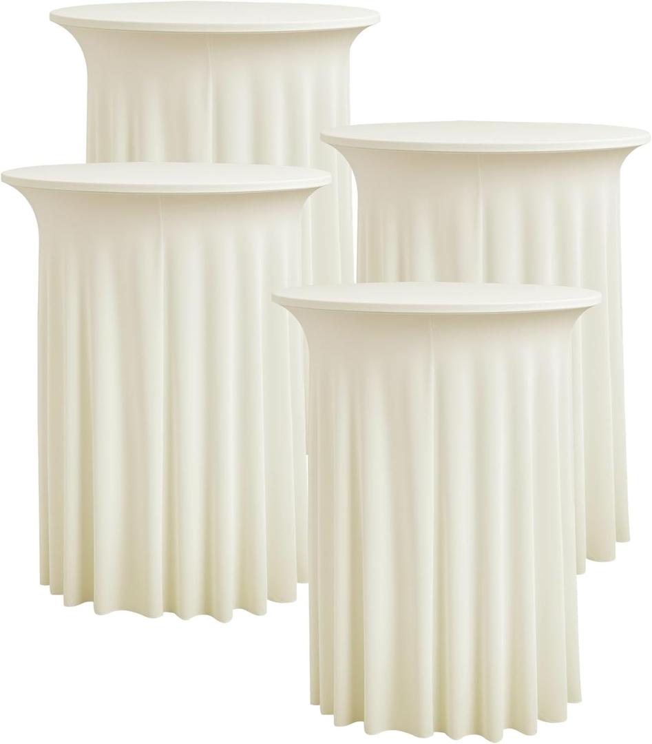 4 pk Ivory Cocktail Table Cloth Round 3643in-High Top Highboy Bar Cocktail Tablecloths-Wrinkle Free Stretchy Fitted Spandex Table Covers with Ruffle Desk Skirt for Wedding Banquet Party Tables, 36inch43inch