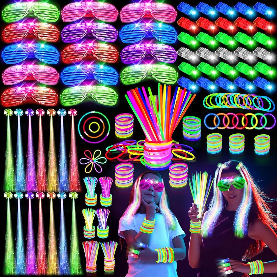 158 PCS Glow in the Dark Party Supplies, 14PCS LED Glasses, 30LED Finger Lights, 14LED Light Hairs and 100PCS Glow Sticks Bracelets, Neon Party Favors for Wedding, Concert, Birthday, New Year