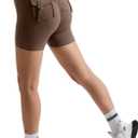 MOOSLOVER Women Workout Biker Shorts with Pockets High Waisted V Cross Shorts Scrunch Butt Yoga Gym Booty Shorts (Brown, L)