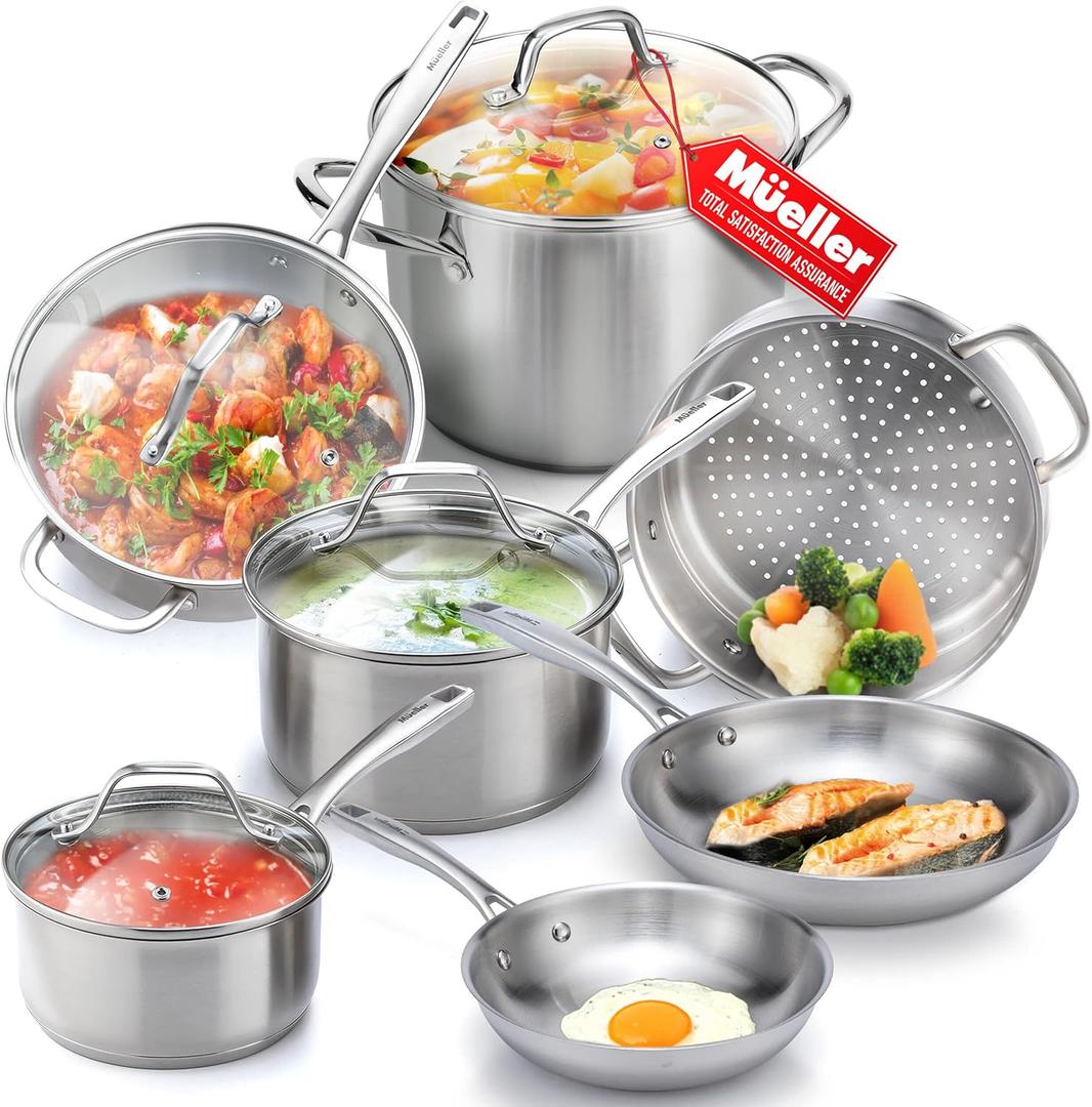 Mueller Pots and Pans Set 11-Piece, Ultra-Clad Pro Stainless Steel Cookware Set, Ergonomic and EverCool Stainless Steel Handle, Includes Saucepans, Skillets, Stockpot, Saute Pan, Steamer (Silver)