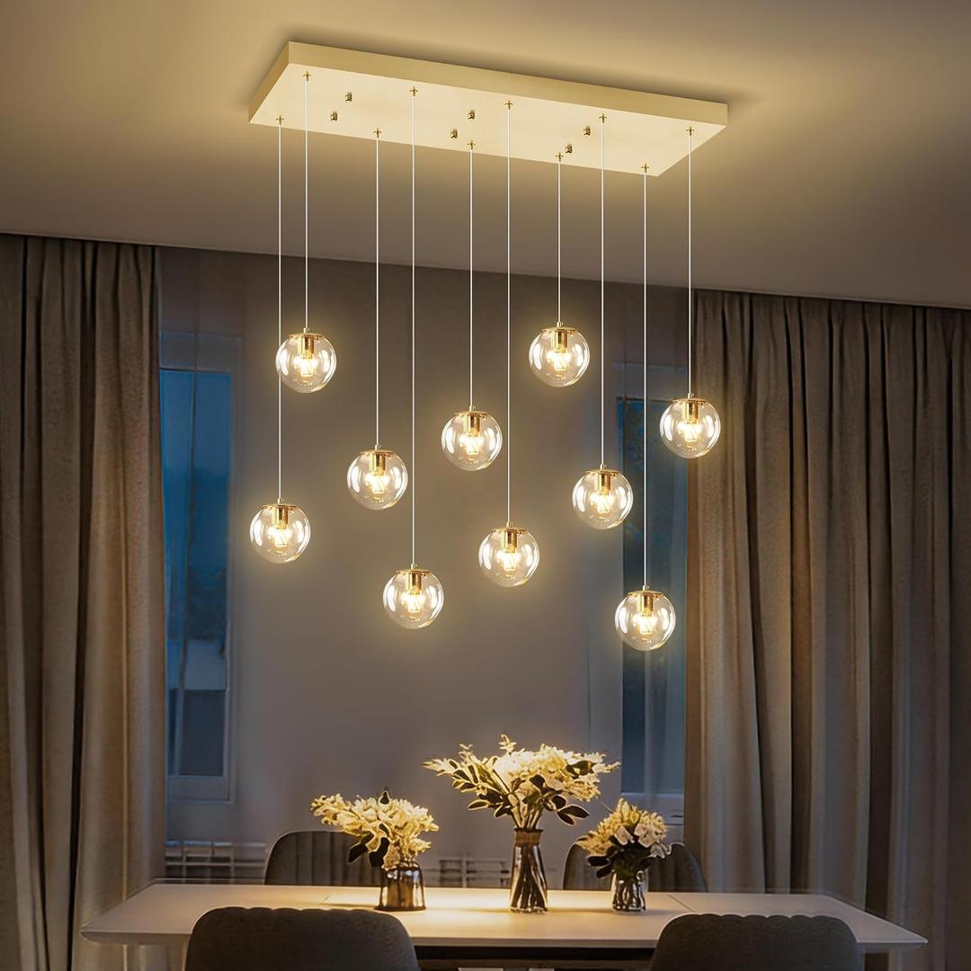 ykolupty 10-Lights Chandeliers for Dining Room Glass Globe Pendant Light Gold Chandeliers Rectangle Pendant Ceiling Light Fixture for Kitchen Island Dining Room Over Table Entryway Lighting Fixture