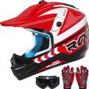 Youth Dirt Bike Helmet DOT Certified - Full Face Motorcycle Helmet for Off-Road, ATV, Street Riding, Includes Adjustable Goggles & Protective Gloves (Medium, RED)
