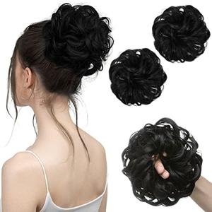 SARLA 2PCS Messy Hair Bun Hair Pieces Wavy Curly Synthetic Updo Fake Scrunchies Ponytail Extension for Women Jet Black