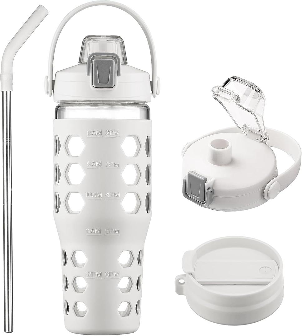 MUKOKO 32 oz Glass Tumbler with Straw, Glass Water Bottles with Time Marker, Iced Coffee Cup with 2 Lids-Handle Spout Lid & Straw Lid, Silicone Sleeve,Leakproof,1 Pack-White
