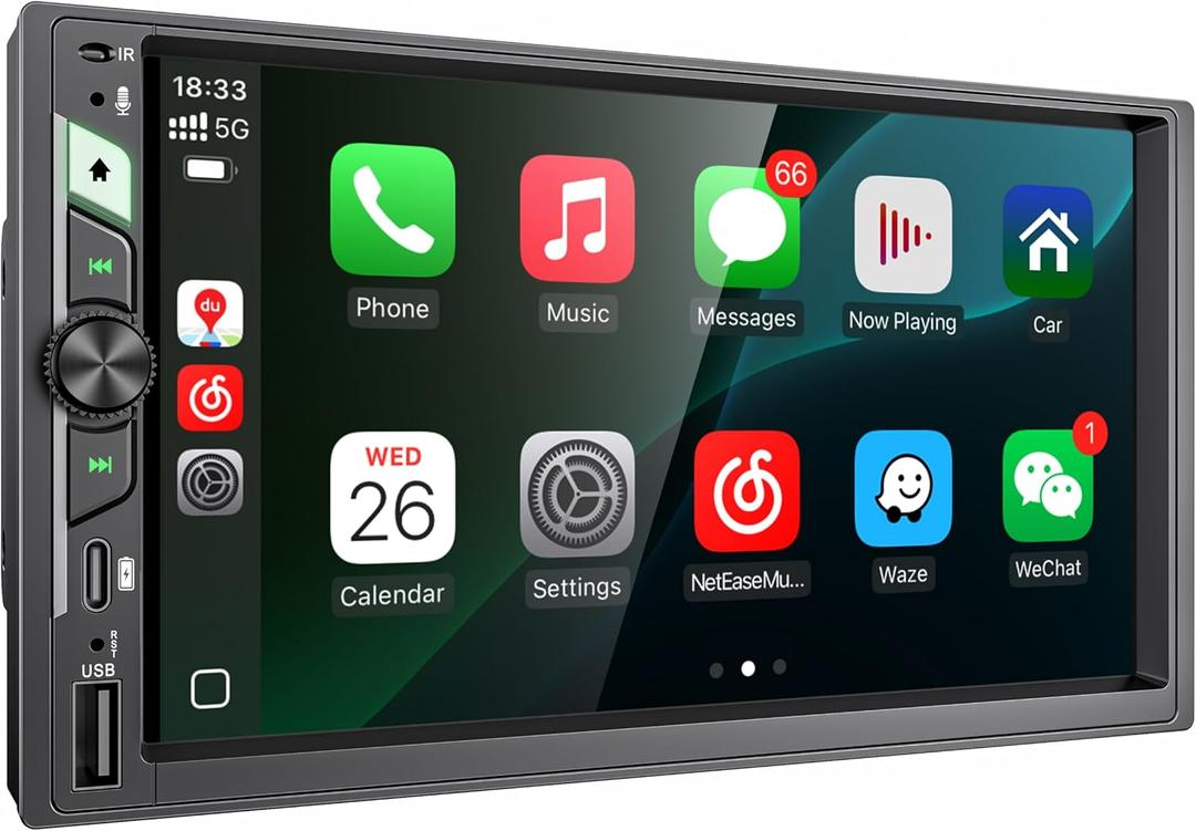 7'' Double Din Car Stereo with Wireless Apple CarPlay & Android Auto, Wireless Airplay & Mirror Link, 1024x600 HD Touchscreen, 240W, Bluetooth, 12-LED Waterproof Backup Camera, Steering Wheel Control