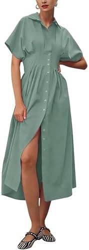 Yeokou Shirt Dress for Women Summer Casual Short Sleeve Button Down Loose Pleated Maxi Sundress with Pockets, XL