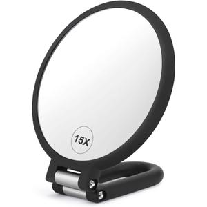 Magnifying Handheld Mirror Double Sided, 1X 15X Magnification Hand Mirrors, Travel Folding Hand Held Mirror, 360Rotation Pedestal Makeup Vanity Mirror (Black)