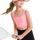Haloumoning Girls Training Bra Sports Bra Kids Athletic Seamless Ribbed Stretchy Crop Tops Dance Yoga 5-14 Years Pink
