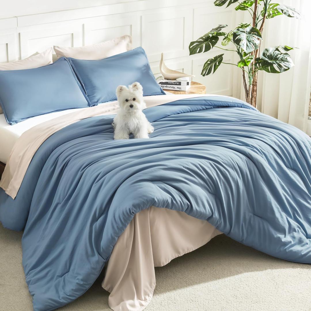 Litanika Oversized King Comforter Set Grayish Blue Super King Size, 3 Pieces Lightweight Solid Bedding Comforter Set, All Season Fluffy Bed Set (120x120In Comforter & 2 Pillowcases)