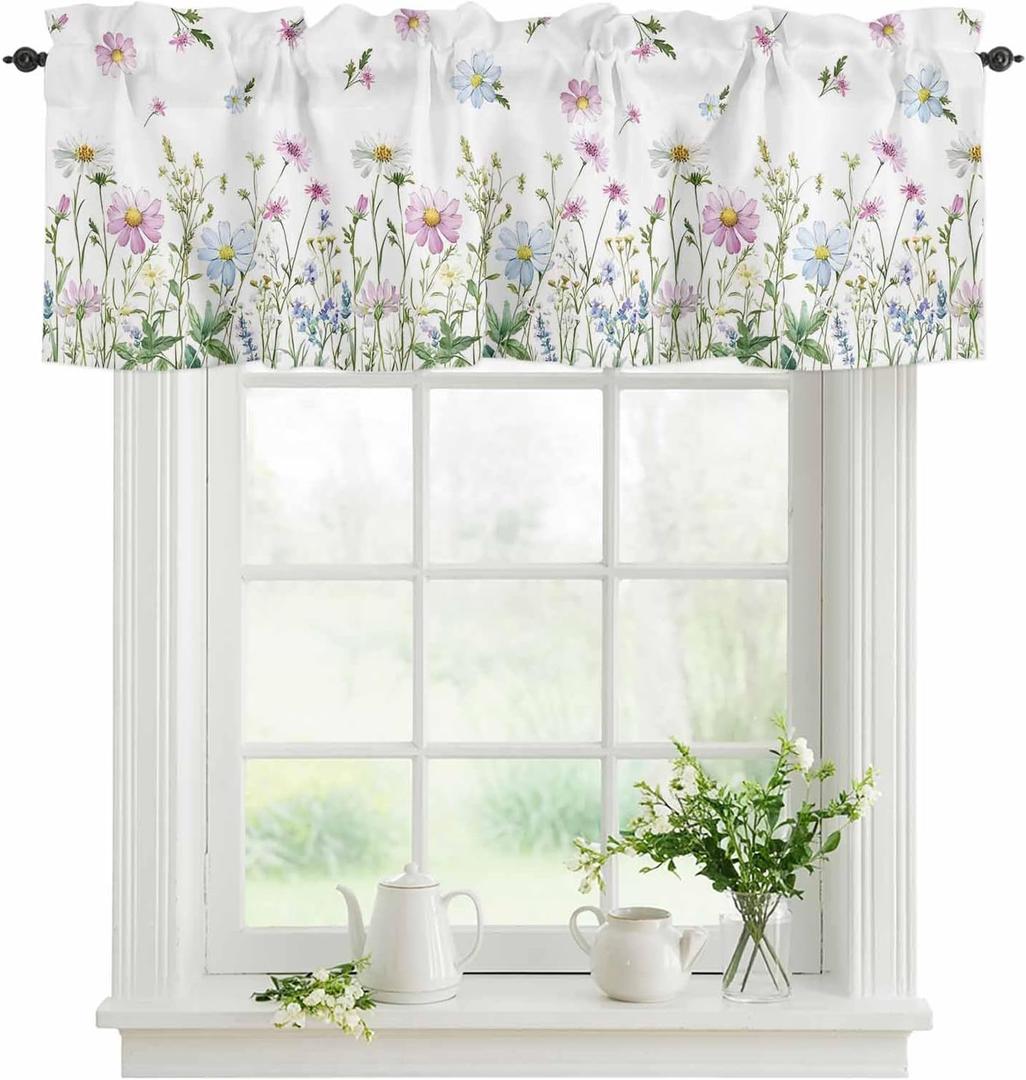 YOKOU Floral Kitchen Curtains Valances, Wildflowers Spring Watercolor Flower Plants Short Rod Pocket Valances for Windows for Bedroom, Bathroom, 1 Panel, 42" W x 12" L