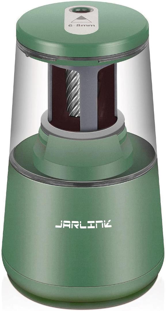 JARLINK Electric Pencil Sharpener, Heavy-Duty Helical Blade to Fast Sharpen, Auto Stop for No.2/ Colored Pencils(6-8mm), AC Adapter/ Battery Operated in School Classroom/ Office/ Home (Green)