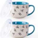 AmorArc 24 Ounces Ceramic Soup Mugs with Lids and Handle, Stoneware Bowls Cup Set of 2 for Coffee, Soup, Stew, Noodle. Beautiful Mug Bowls With Bees Patterns, Microwave&Dishwasher Safe, Blue