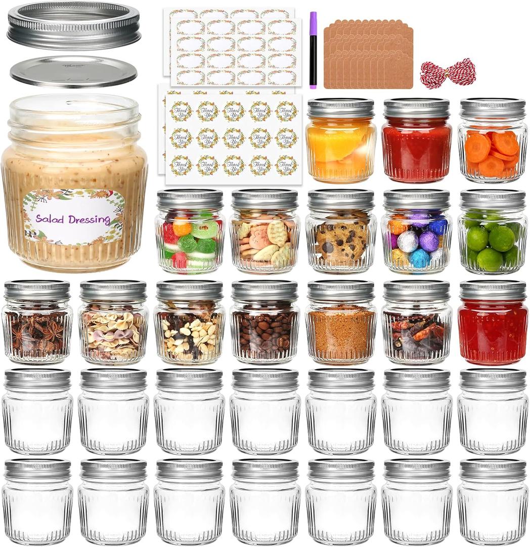 8 oz Mason Jars with Lids,30 Pcs Small Glass Jars with Lids,Stylish Striped Design Canning Jar for Food Freshness, Multipurpose for Jam, Candy, DIY, Honey, Pickles, Spice,Home Storage and Gifting