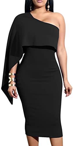 GOBLES Women's Summer Sexy One Shoulder Ruffle Bodycon Midi Cocktail Dress Black M