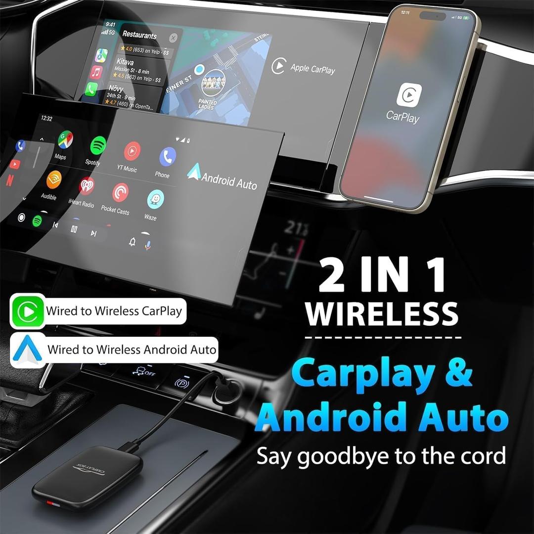 2025 Upgraded Wireless Carplay and Android Auto Dongle Support Netflix/YouTube, CarPlay Ai Box with USBAC and USBCC Cable for iPhone Android,Convert Wired to Wireless Car Play Stream to Your Car