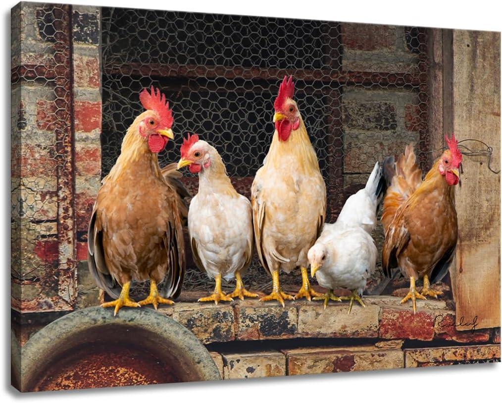 Chicken Farm Picture Wall Art, Rustic Animal Rooster Print on Canvas for Farmhouse Brown Kitchen Decor 36 x 24