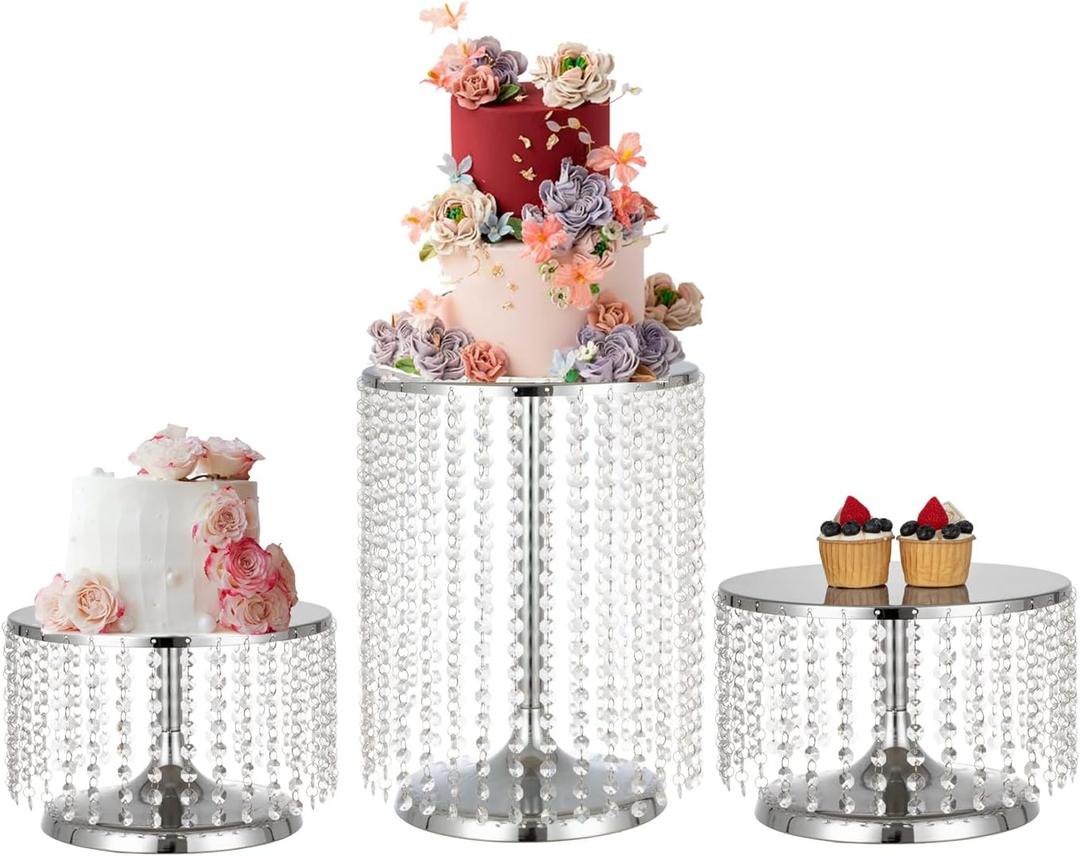 3 Pcs Silver Cake Stand with Crystal Pendants, Metal Cake Stand for Dessert Table, Round Base Cake Display Stand for Wedding, Birthday Party, Home Decor