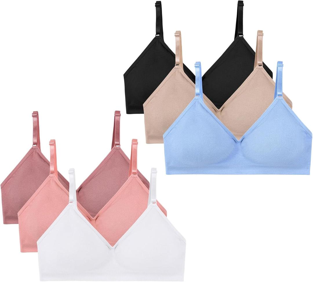 MIK-QUE Girls Seamless Training Bras Adjustable Straps Sports Bras 8-10,10-12,12-14 (Medium, Eraser Red + Coffee Color + Skin Tone + Fresh Sky Blue + White + Black)