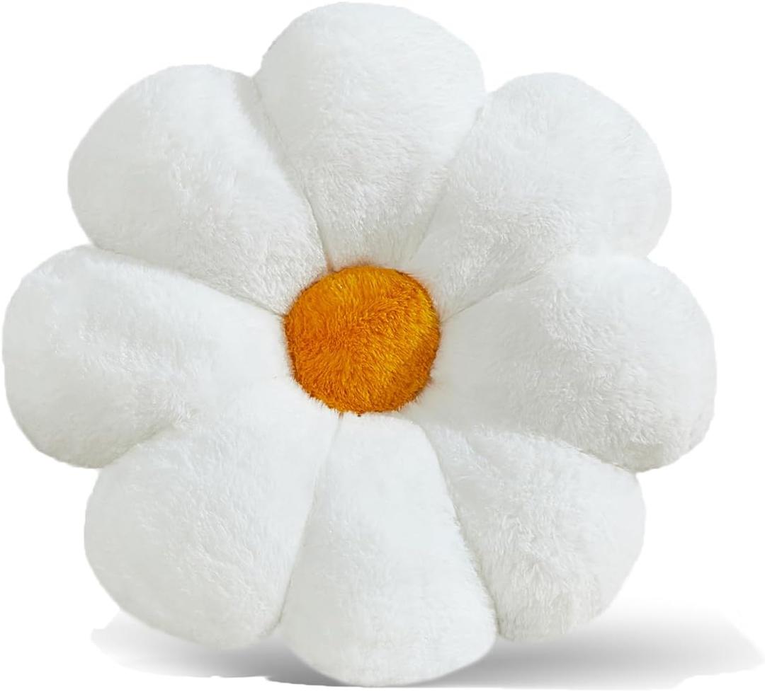 17.7" White Flower Pillow Decorative Throw Cushion  Plush Faux Rabbit Fur, Cute Girls Pillow for Bedroom & Dorm Decor