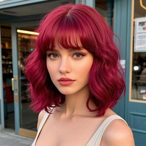 Wine Red Bob Wigs for Women 14 Inch Curly Wig with Bangs Synthetic Wigs for Everyday Party Cosplay Use