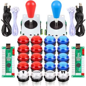 Fosiya LED Arcade Joystick Buttons Kit Ellipse Oval Style 8 Ways Joystick + 20 x LED Arcade Buttons for 2 Player Video Games Standard Controllers All Windows PC MAME Raspberry Pi Red + Blue Kits