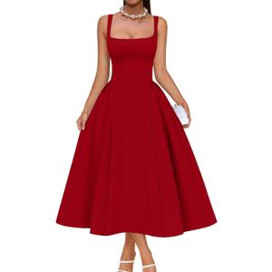Memoriesea Women's Elegant Square Neck Swing A Line Wedding Evening Party Midi Dress (Red)