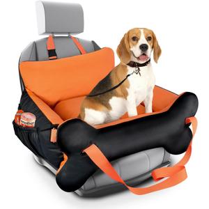 29.5"x19.7"x9.8" Dog Car Seat for Middle Dogs & Cats with Leash, Water-Resistant Faux Leather Booster Car Seat with Side Pocket for Summer Travel, Dog Bed for SUV, Truck with Bone Decor (Medium, Orange & Black)