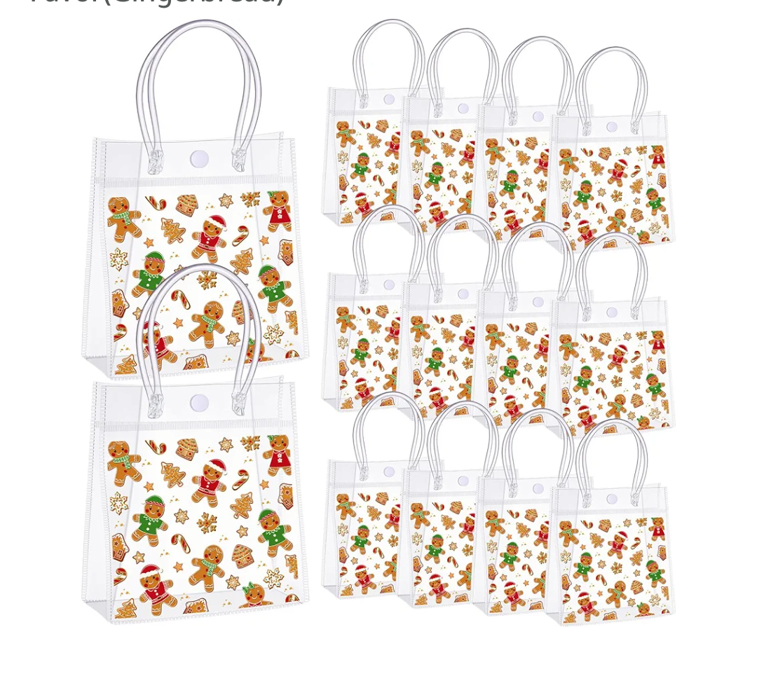 Sweetude 24 Pcs Clear Gift Bags with Handles 6.3 × 5.9 × 2.7 Inches PVC Reusable Totes for Party Favor(Gingerbread)