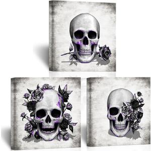 Artsbay Grey Skeleton Wall Art Skull and Rose Pictures Paintings Rustic Gothic Home Decor for Living Room Bedroom Bathroom 12" x 12" x 3PCS