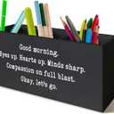 Positive Black Pen Holder for Desk, Inspirational Desk Decor, Funny Gifts for Coworkers Women Men Wooden Pen Pencil Holder Organizer for Office Accessories (Good morning)