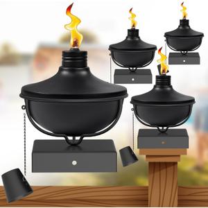 Citronella Post Cap Lights 4 Pack, Black Outdoor Fence Post Torches, 22oz Outside Citronella Deck Light for 4x4 5x5 6x6 Posts, Metal Garden Torch for Garden Dcor, Backyard, Patio