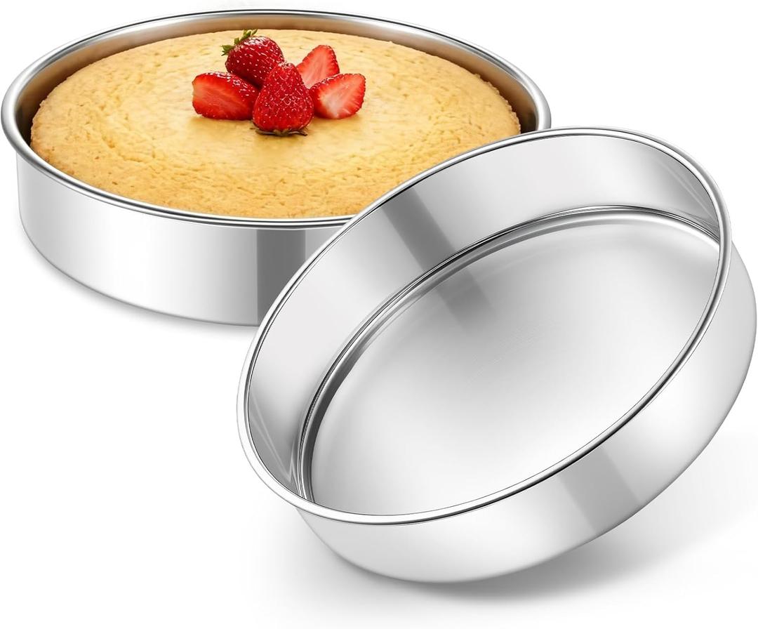 P&P CHEF 9 Inch Cake Pan Set of 2, 2 Pieces Round Layer Cake Baking Pans, Stainless Steel Smash Cake Tin Bakeware for Cooking Steaming, Nontoxic & Sturdy, Oven & Dishwasher Safe