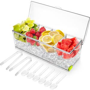 Jucoan Large Ice Chilled Condiment Server with Lid, 4 Compartments Chilled Condiment Caddy, Bar Garnish Serving Platter Holder Tray for Mimosa Taco Salad Bar, 2 Tongs, 6 Forks