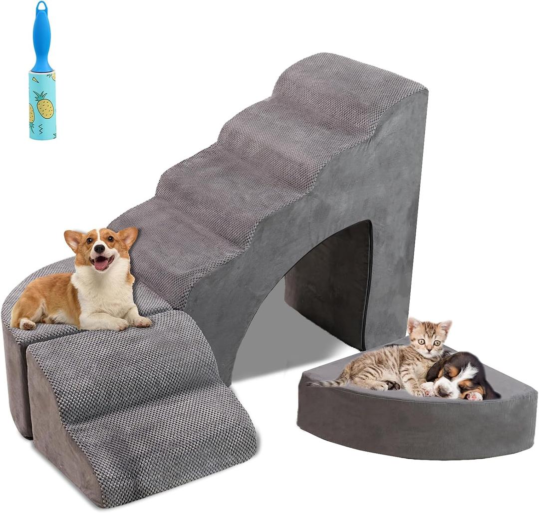 Dog Stairs for High Bed - LitaiL 30 inches Foam Pet Steps for High Beds, Adjustable L Shape Dog Ramps for Bedside, 6 Tiers Stairs for Dogs to Get on Bed