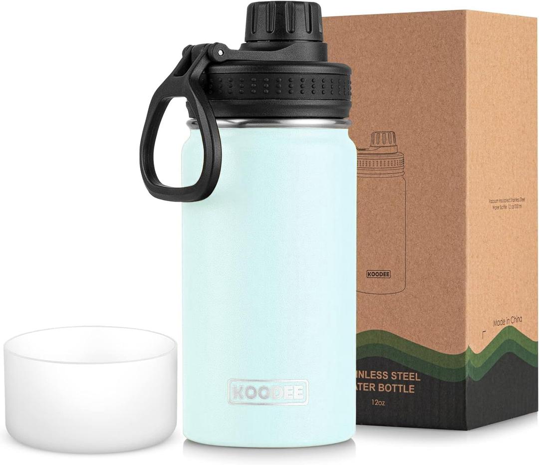 koodee Small Water Bottle 12 oz Stainless Steel Vacuum Insulated Wide Mouth Water Bottle with Leakproof Spout LidBby Blue