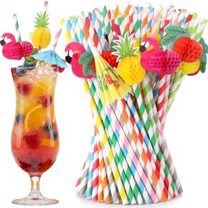 Eaasty 500 Pcs Flamingo Fruit Paper Drinking Straws Bulk Disposable Paper Drinking Cocktail Straws Honeycomb Party Decorations for Hawaiian Luau Pool Party Birthday Wedding, Assorted Colors, 7.8 in