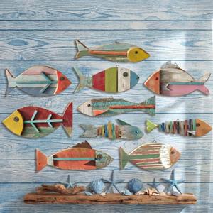 Yuntau 10 Pcs Wooden Fish Wall Decor Wood School of Fish Coastal Wall Decor Beach Wall Art for Home Nautical Theme Bathroom Hanging Decorations Gifts, Flat Printing Not 3D Pattern