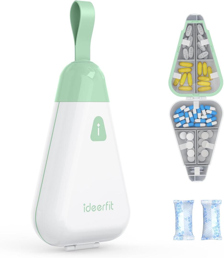 Travel Pill Organizer, 7 Compartments Portable Pill Box with Moisture-Proof Desiccant & Portable Handle, Small Pill Case for Daily Vitamins, Medicine