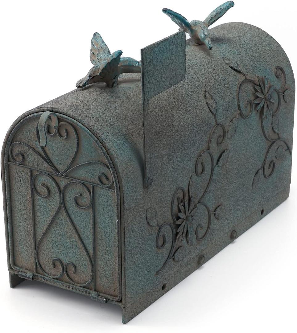 Heavy Duty Galvanized Steel Mailbox Post, Rural Mail Box Postal Storage Box with Bird Decoration (Vintage Green)
