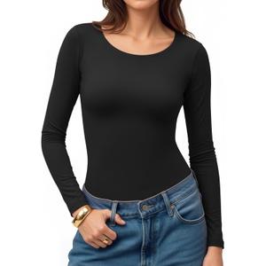 MANGOPOP Womens Tops Long Sleeve Crew Neck t Shirts Double Lined Slim Fitted Lined Tight Basic Tee Shirt (Large, Black)