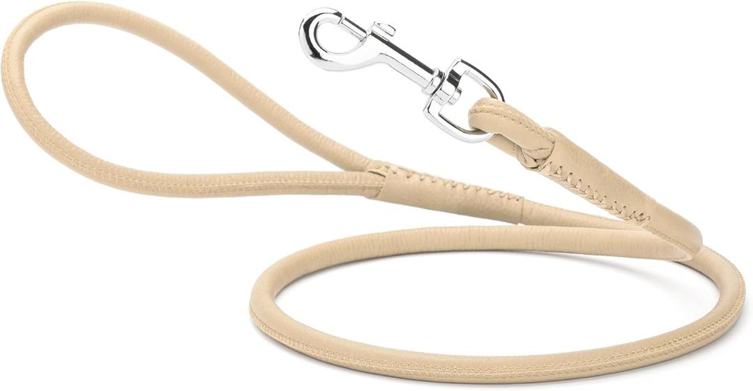 Dogline Rolled Leather Dog Leash - for Small, Medium and Large Breeds - Soft and Padded Lead Luxury Design - Beige - 1/4in W x 4ft L