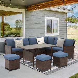 Wisteria Lane 7 Pieces Patio Furniture Set Outdoor Furniture Sectional, High Back Outdoor Patio Dining Table Set, Wicker Patio Conversation Set with Cushions for Balcony Lawn and Garden, Blue, 52 x 29.9 x 26 inches