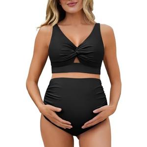 Summer Mae Twist Maternity Bikini Two Piece Pregnancy Swimsuits Cutout Bathing Suit High Waisted Ruched Swimwear 16 Weeks M