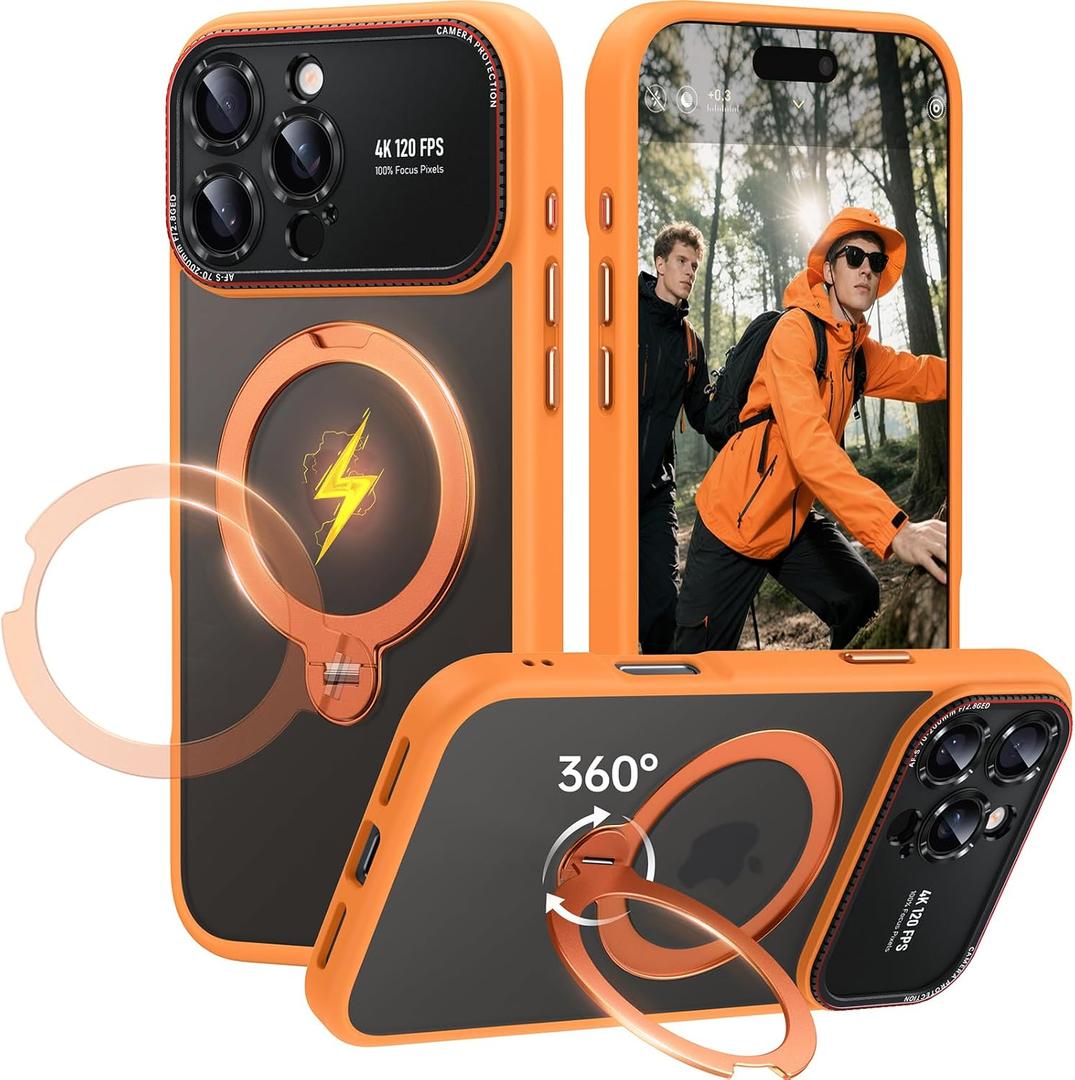 for iPhone 17 Pro Max Case: 360 Spin Magnetic Stand, Camera Protection (Compatible with MagSafe) [18FT Military Protection] Shockproof Matte Translucent Phone Cover for iPhone 17 Pro Max 6.9", Orange